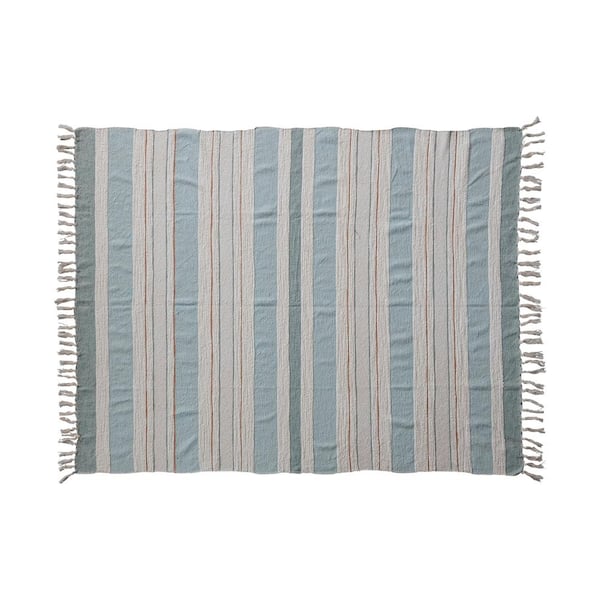 Storied Home Blue, Tan and Cream Striped Woven Cotton and Linen Throw Blanket with Fringe