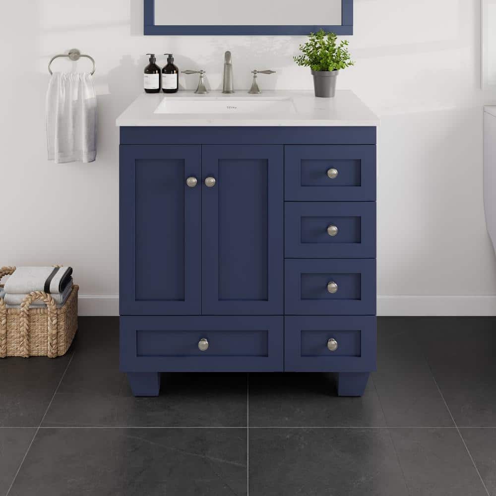 Blue Solid Wood 30" Bathroom Vanity with Carrara Quartz Top