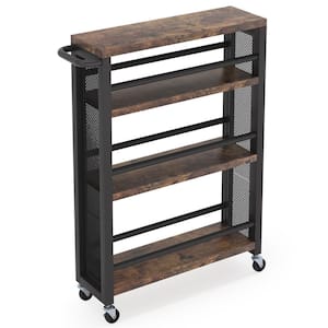 Clarine Rustic Brown 4-Tier Narrow Bar Cart with Wheels and Handle Storage Shelf for Small Space