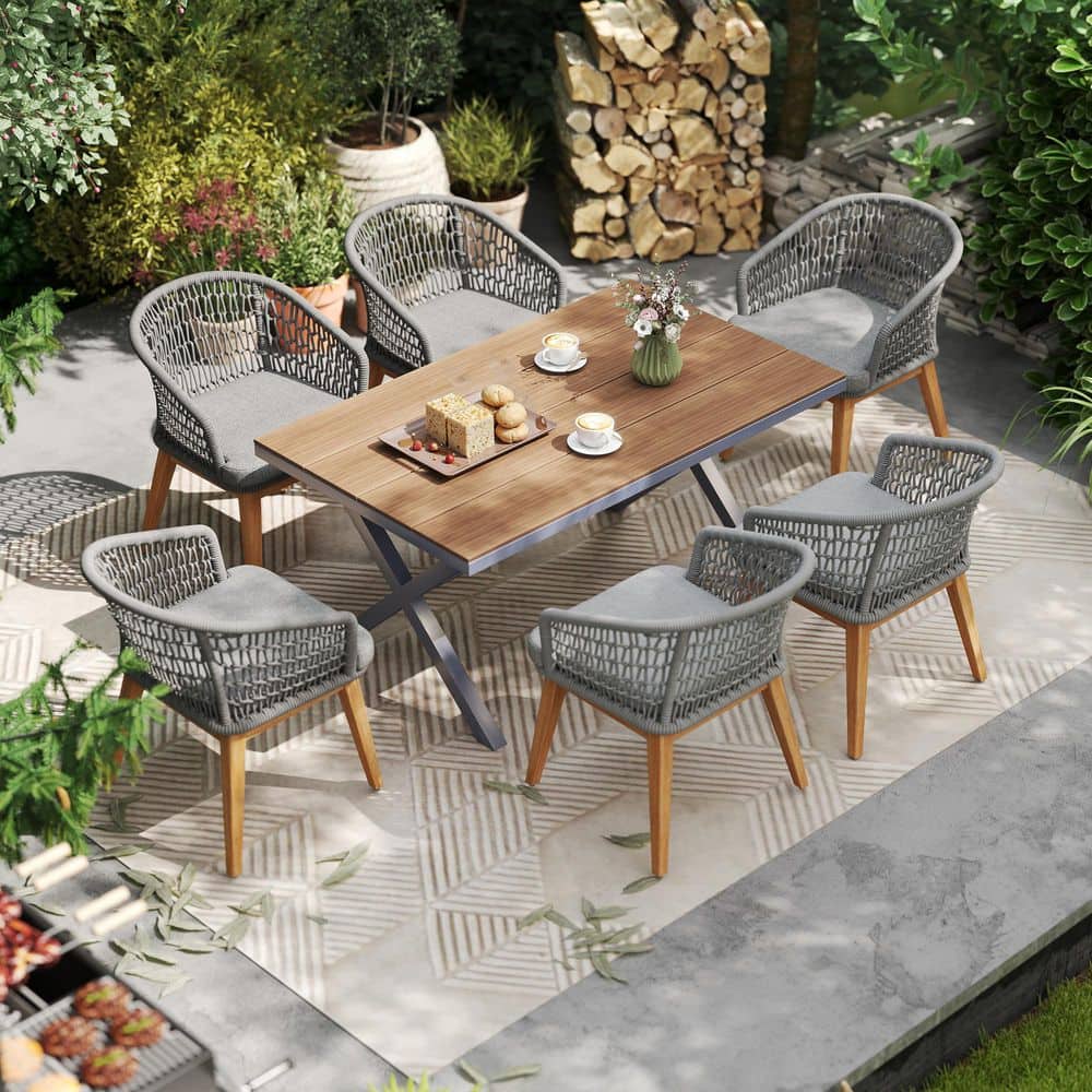 7-Piece Wicker & Wood Rectangular Outdoor Dining Set with Gray Cushions, Coarse Mesh Chair