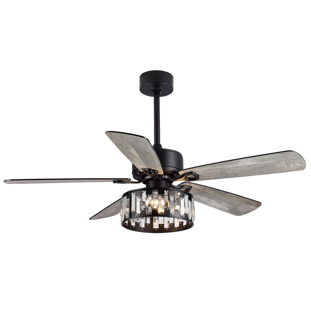52" Black Crystal Chandelier Ceiling Fan with Remote and Reversible Blades