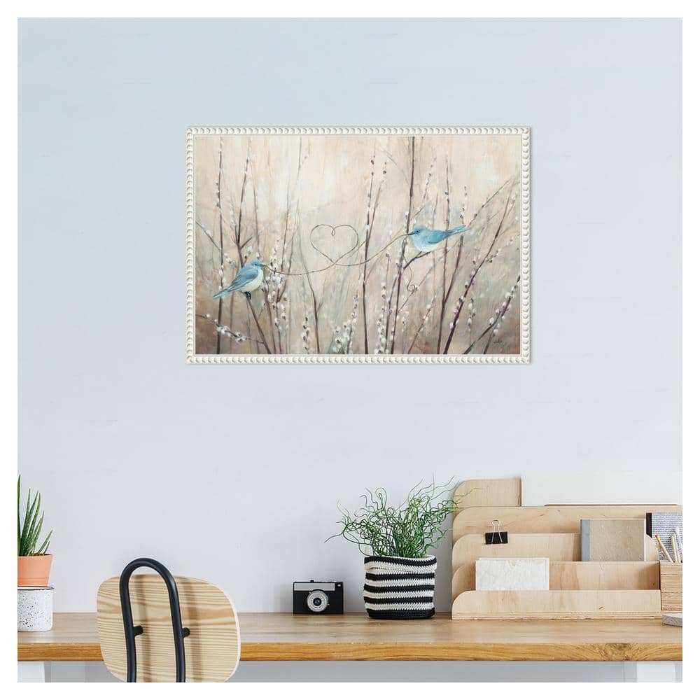 23"x16" Pretty Birds Neutral String Canvas Wall Art with White Beaded Frame