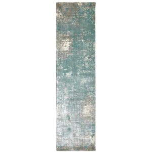 Formosa Blue 2 ft. x 10 ft. Distressed Modern Abstract Hand-Loomed Viscose Indoor Runner Area Rug