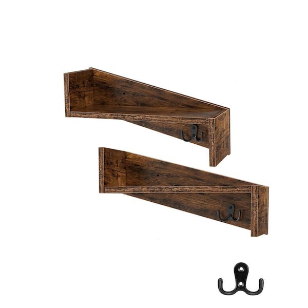 Unbranded 13.98 in. W x 6.18 in. D Rustic Wood Wall Shelf with Coat Hooks, Decorative Wall Shelf, Set of 2, Brown