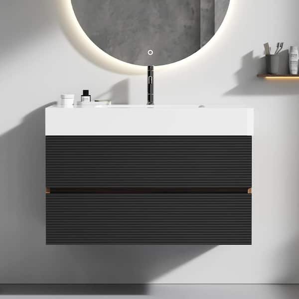 Aaby 36 in. W x 18 in. D Wall Mounted Floating Bath Vanity Cabinet in Black with White Solid Surface Top and Sink