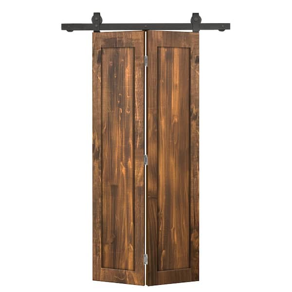CALHOME 32 in. x 80 in. 1-Panel Shaker Hollow Core Walnut Pine Wood Bi-fold Door with Sliding Barn Door Hardware Kit
