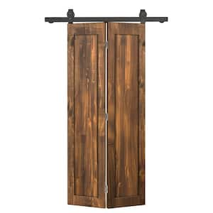 38 in. x 80 in. 1-Panel Shaker Hollow Core Walnut Pine Wood Bi-fold Door with Sliding Barn Door Hardware Kit