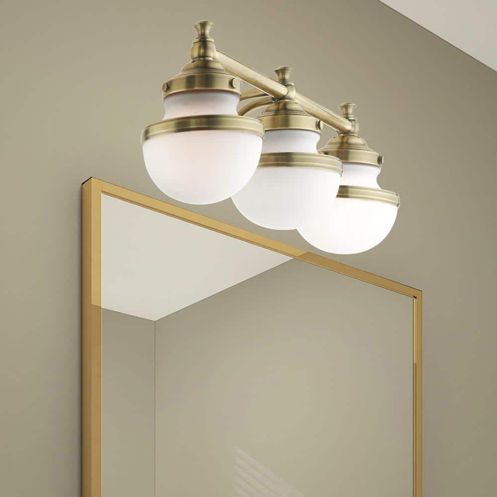 Antique Brass 3-Light Vanity with Hand Blown Satin Opal White Glass