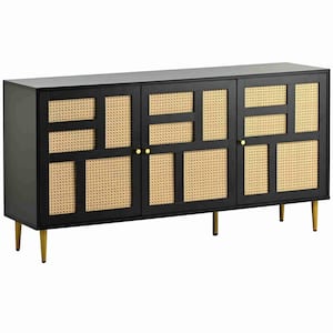 Modern Black TV Stand Fits TV's Up to 55 in. with Rattan Door