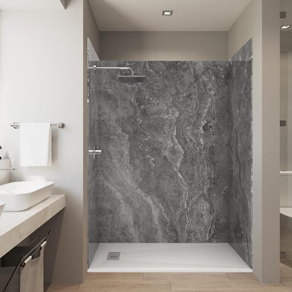 Tundra D. Gray 32 in. x 60 in. x 84 in. Solid Composite Stone Alcove Shower Kit with Walls and White Pan Base L/R Drain