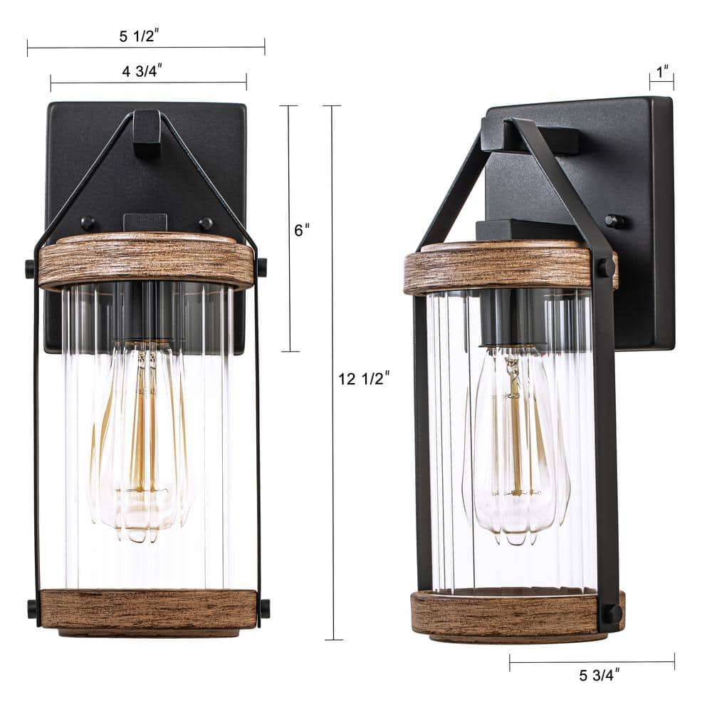 Medium Black and Woodgrain Metal Outdoor Lantern Sconce with Clear Glass
