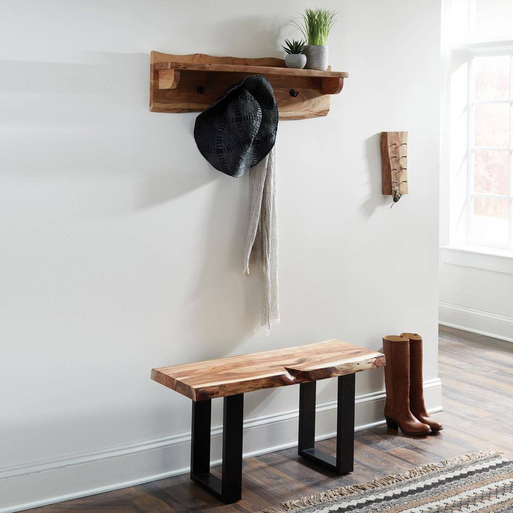 Alpine Natural Acacia Wood 39" Bench with Live Edge and Metal Coat Hooks