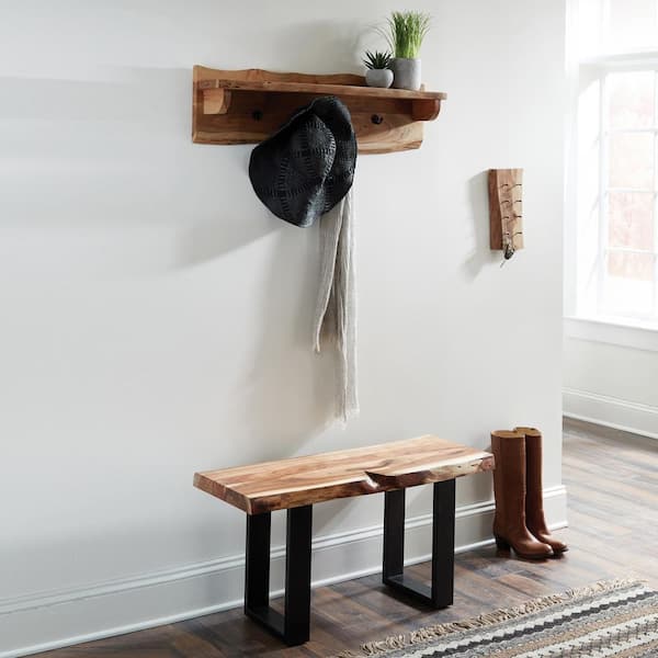 Alpine Live Edge 36 in. Acacia Wood Bench and Coat Hook Shelf Set, Rustic Entryway Furniture with Natural Finish