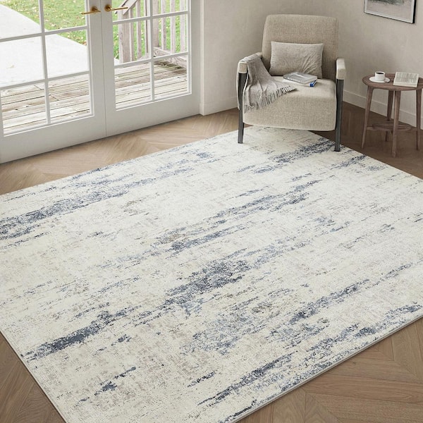 Plum Rain Blue/Beige 5 ft. x 7 ft. Washable Modern Abstract Area Rug