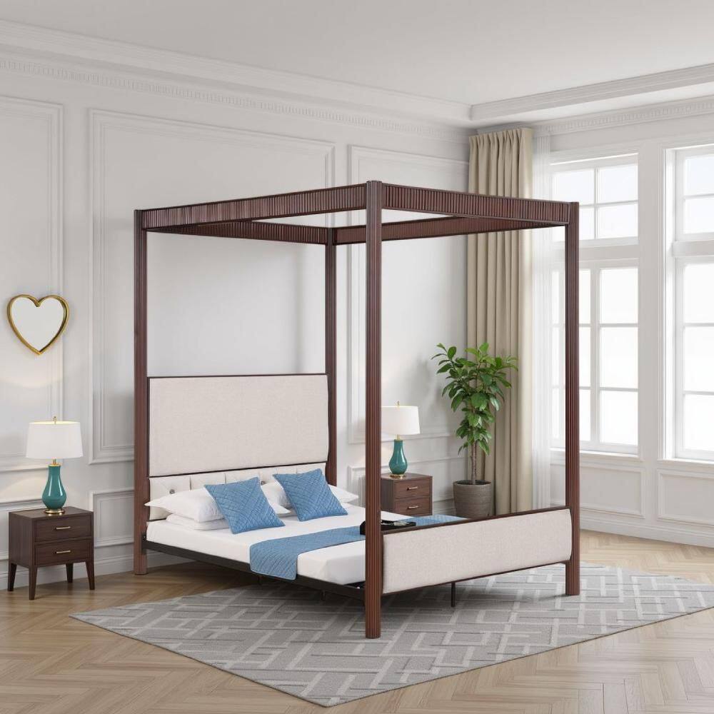 Zemy Brown and Beige Wood Frame Queen Size Panel Bed with 4-Posts price history on PriceWatchPro