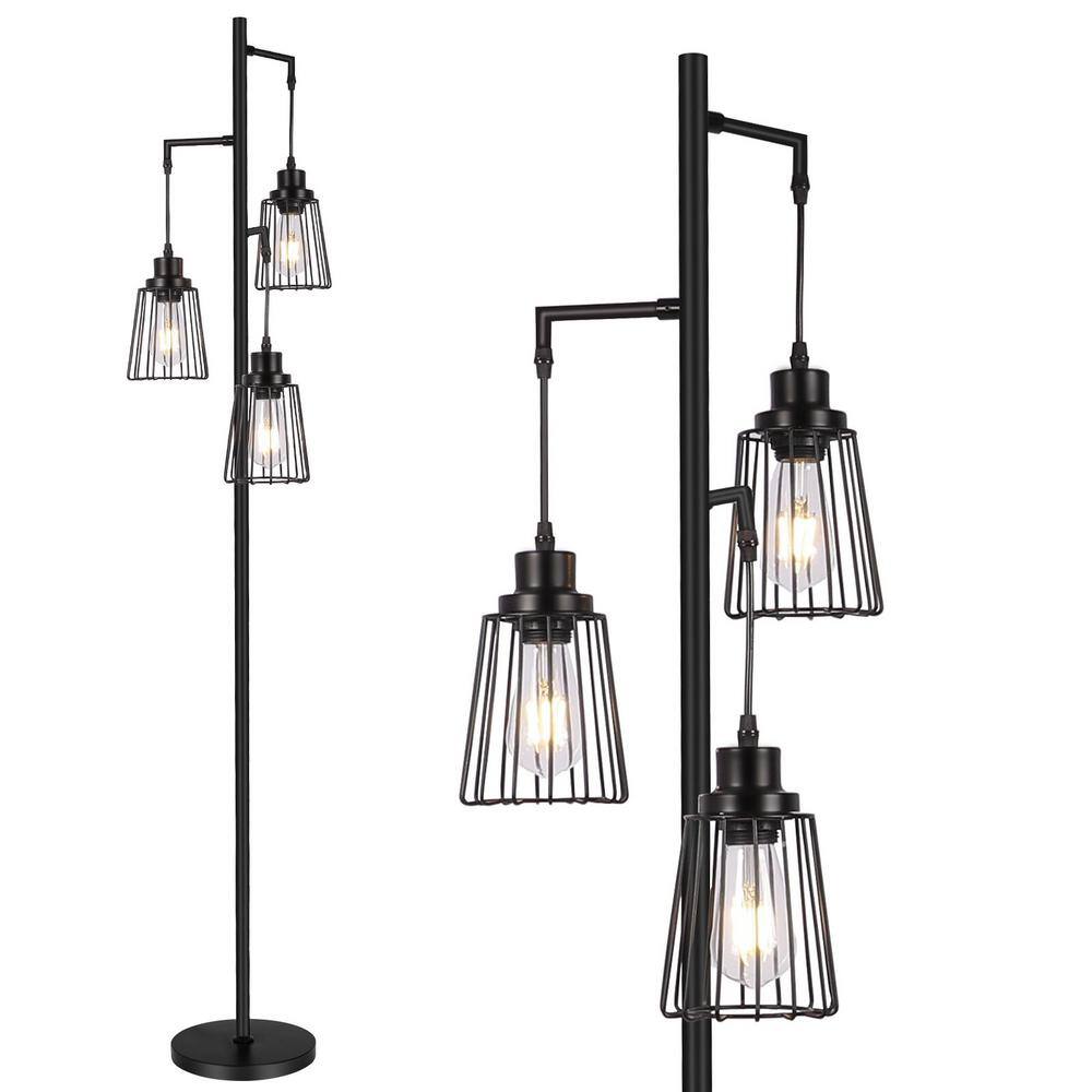 LamQee 66in. Black Tree Floor Lamp with 3 Metal Cage Shade 06FTL0229ABK ...