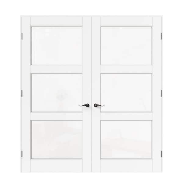 72 in. x 80 in. Universal 3-Lite Clear Glass White Solid Core Glass Double Prehung French Door + Quick Assemble Jamb
