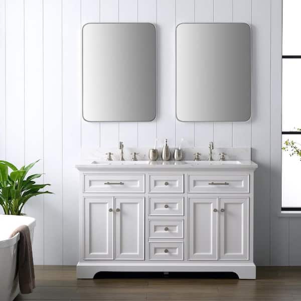 SUDIO Thompson 54 in. W x 22 in. D Bath Vanity in White with Engineered Stone Vanity Top in Carrara White with White Sinks