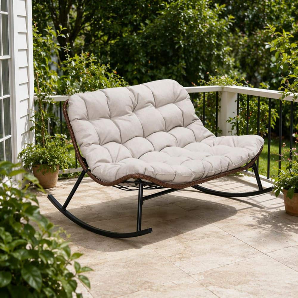 1-Pieces Metal Papasan Outdoor Rocking Chair with Beige Cushion