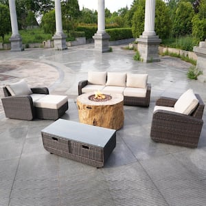 Nebula Brown 6-Piece Wicker Patio Fire Pit Conversation Sofa Set with Beige Cushions