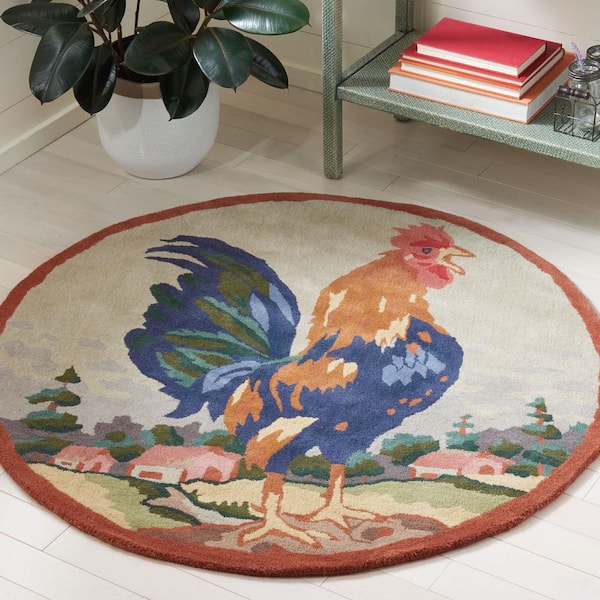 Novelty 3 ft. x 3 ft. Ivory/Rust Rooster Round Area Rug