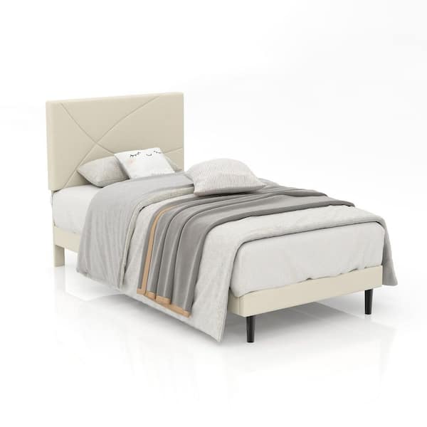 FOOTHILL Twin Platform Bed Frame with Upholstered LED Headboard, Built-in Charging Ports, Beige Geometric Design
