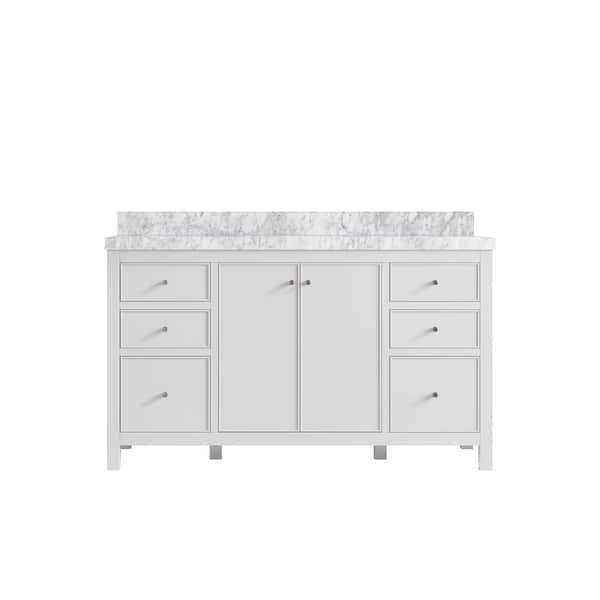 Willow Collections Chicago 60 in. Single Sink Freestanding White Bath Vanity with Carrara Marble Top