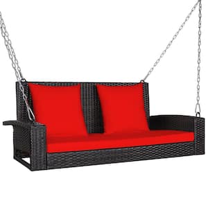 2-Person Brown Wicker Patio Porch Swing with Red Cushions