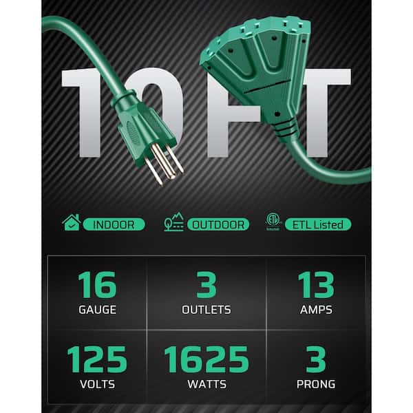 10 ft. 16/3 SJTW Indoor/Outdoor Tri-Tap Extension Cord for Holiday Decoration and Landscaping Lights, Green (2-Pack)