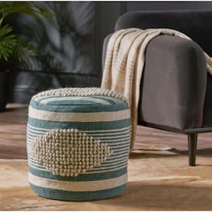 White and Teal Handcrafted Fabric Cylindrical Pouf