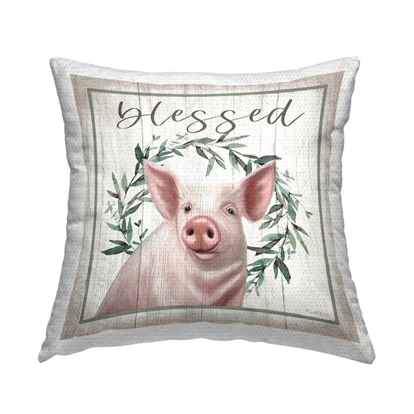 Stupell Industries Blessed Farmhouse Pig Rustic Wreath Beige Square Outdoor Throw Pillow