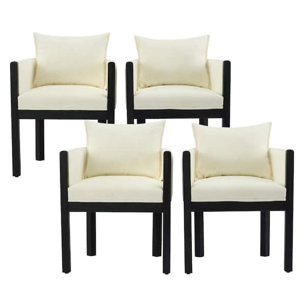Cambridge Modern Linen Upholstered Dining Arm Chairs with Pillow Back, Solid Wood Legs, Black + White, Set of 4