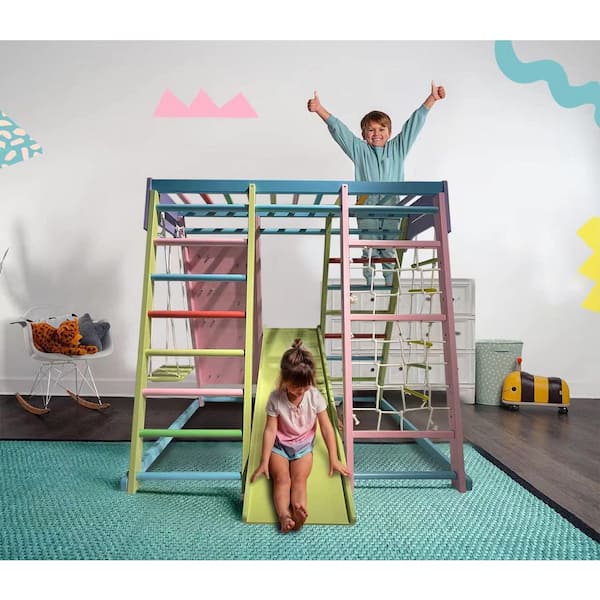 Avenlur WD-CLBR-LG-CLRF Avenlur Magnolia Indoor Wood 6-in-1 Playset, Slide, Rock Climb Wall, Rope Wall Climbing - Large, Colorful - 2