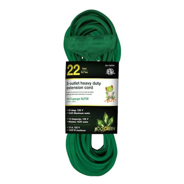 22 ft. 16/3 3-Outlet Heavy Duty Extension Cord, Green