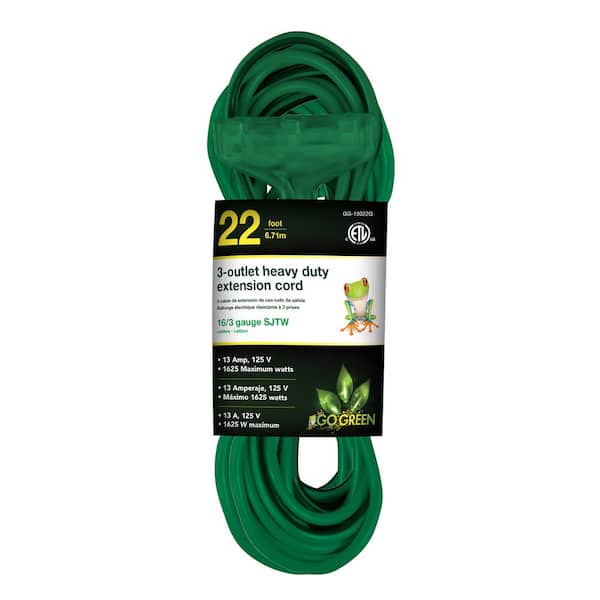 GoGreen Power 22 ft. 16/3 3-Outlet Heavy Duty Extension Cord, Green