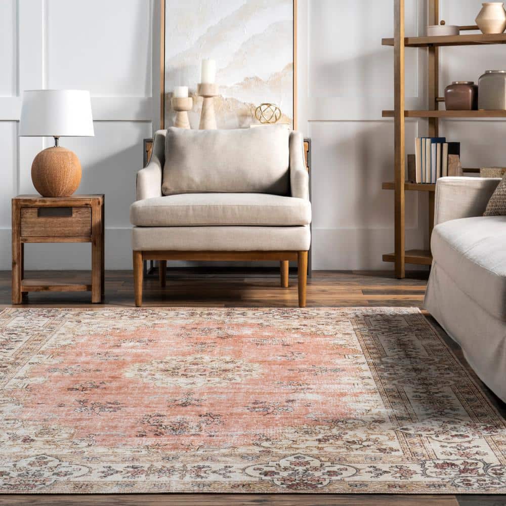 Peach and Cream 8' x 10' Vintage Floral Washable Rug