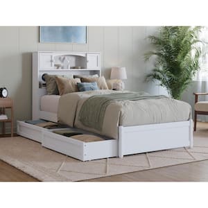 Hadley White Solid Wood Frame Twin XL Platform Bed with Panel Footboard and Storage Drawers