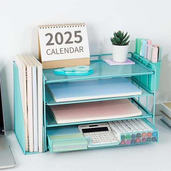 15.5 in x 9.3 in Blue Metal Desk Organizer and Accessories, 4-Tier Desktop File Organizer with Drawer and 2 Pen Holders