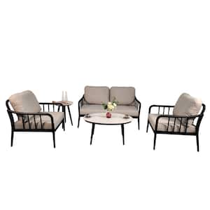 5-Piece Ember Black Aluminum Patio Conversation Set with Gray Cushions and Stone Coffee Table