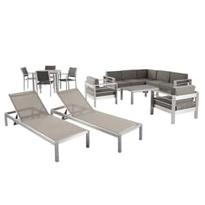 Cape Coral Silver 13-Piece Aluminum Outdoor Patio Conversation Set with Khaki Cushions