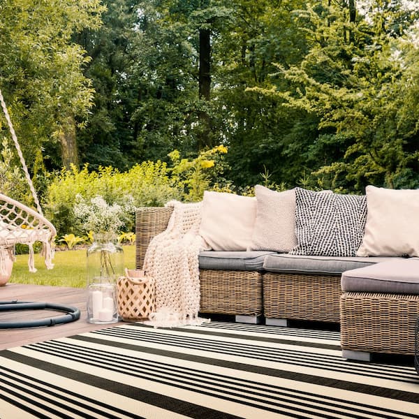 Courtyard Black/Bone 9 ft. x 12 ft. Striped Indoor/Outdoor Patio  Area Rug