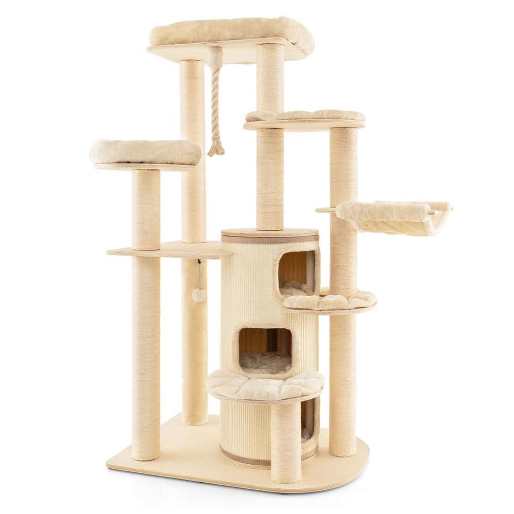 ANGELES HOME Beige Multi-Level Cat Tree with 3-story Cat Condo ...