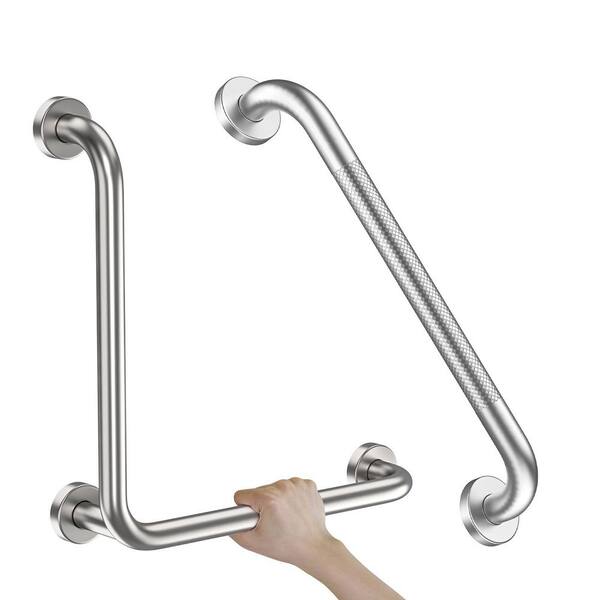 16 in. L-Shaped Stainless Steel Safety Grab Rail in Brushed Nickel with 20 in. Straight Shower Grab Bar
