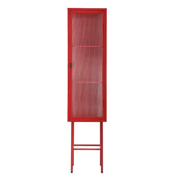 FUNKOL 12.6 in. W x 14.8 in. D x 61.5 in. H Ready to Assemble Floor Base Kitchen Cabinet in Red with Glass door and 3 Shelves