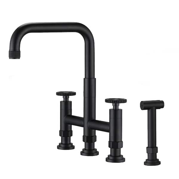 Lukvuzo Screw Double Handle Bridge Kitchen Faucet with Side Spray in Matte Black