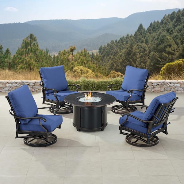 Oakland Living Black 5-Piece Aluminum Patio Fire Pit Set with Blue Cushions