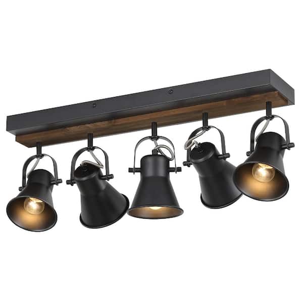 5-Light Black Semi-Flush Track Ceiling Light with Rotatable Heads, E26 Sockets, Farmhouse Metal and Wood