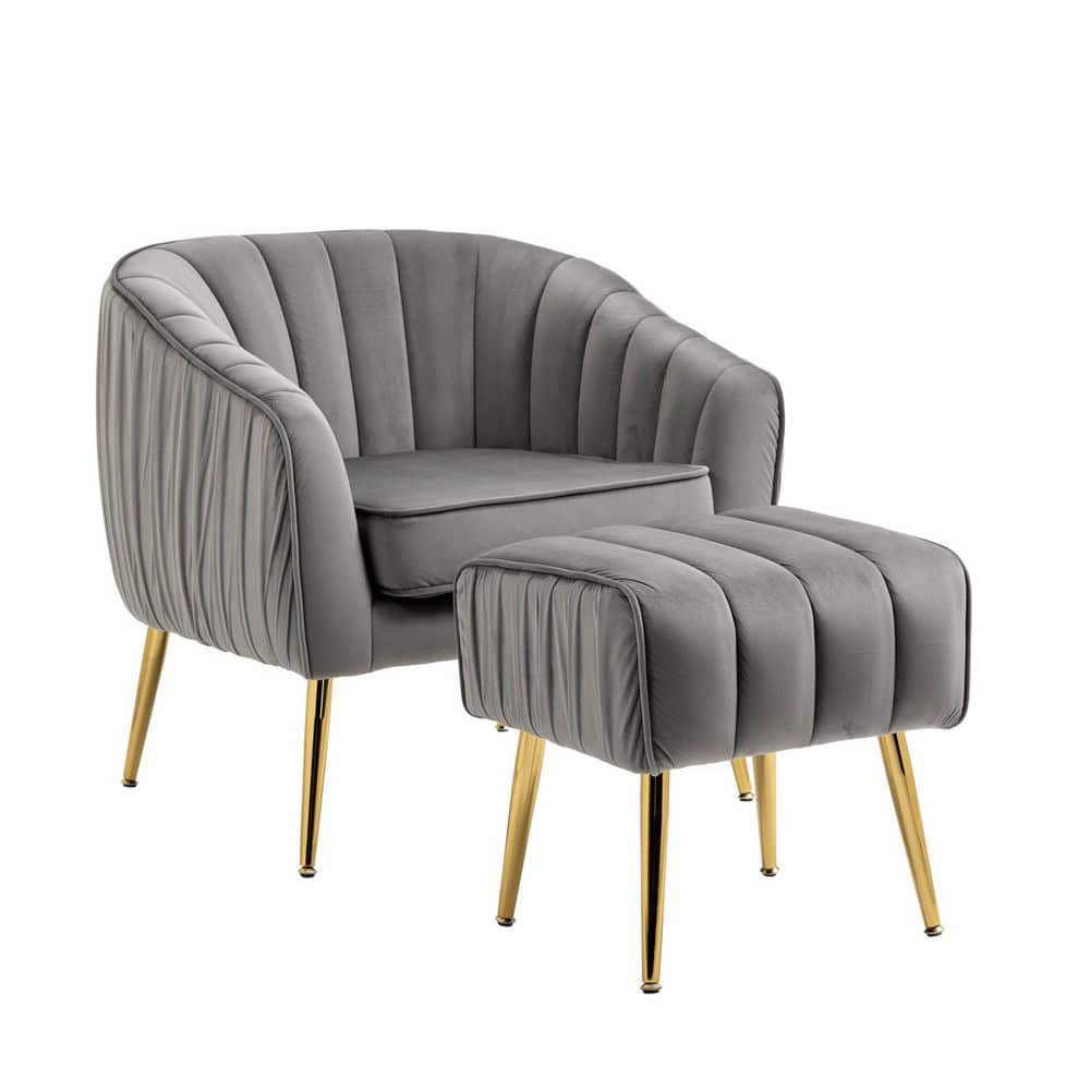 Gray Modern Velvet Accent Barrel Chair with Ottoman