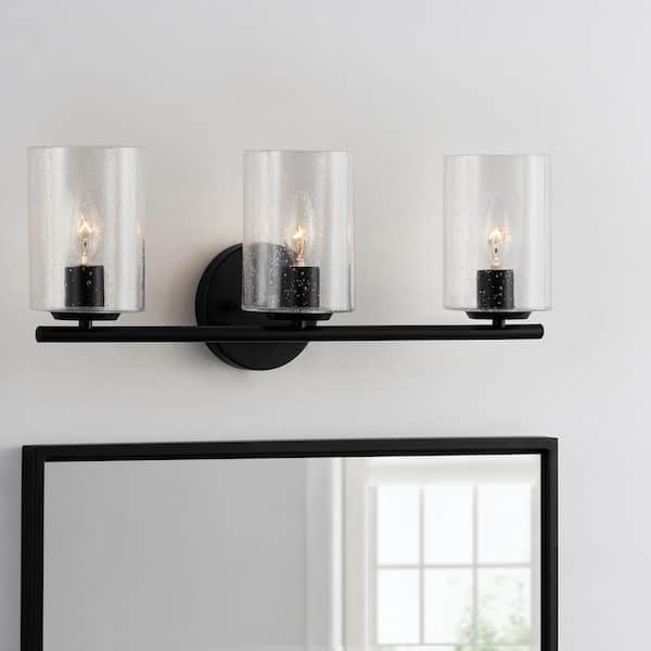 Hampton Bay Champlain 22.375 in. 3-Light Matte Black Modern Bathroom Vanity Light with Clear Seeded Glass Shades