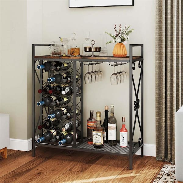 21-Bottle Rustic Brown Wine Rack Freestanding Floor Wine Bottle Organizer with Storage Shelf
